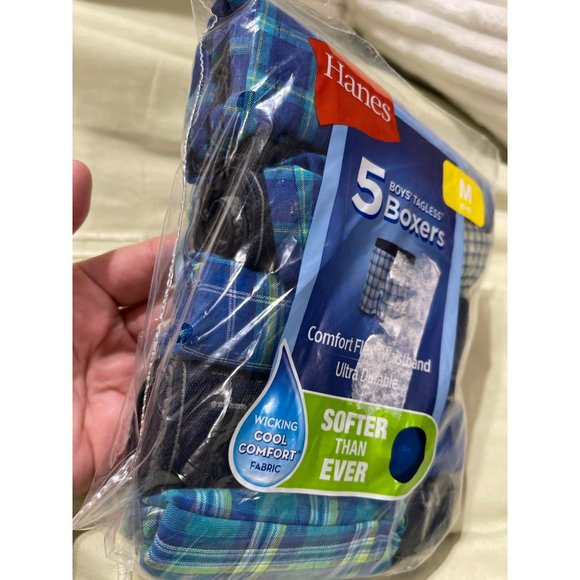 Hanes Boys Plaid Tagless Boxers 5-Pack, Green & Blue - Medium - Picture 4 of 6